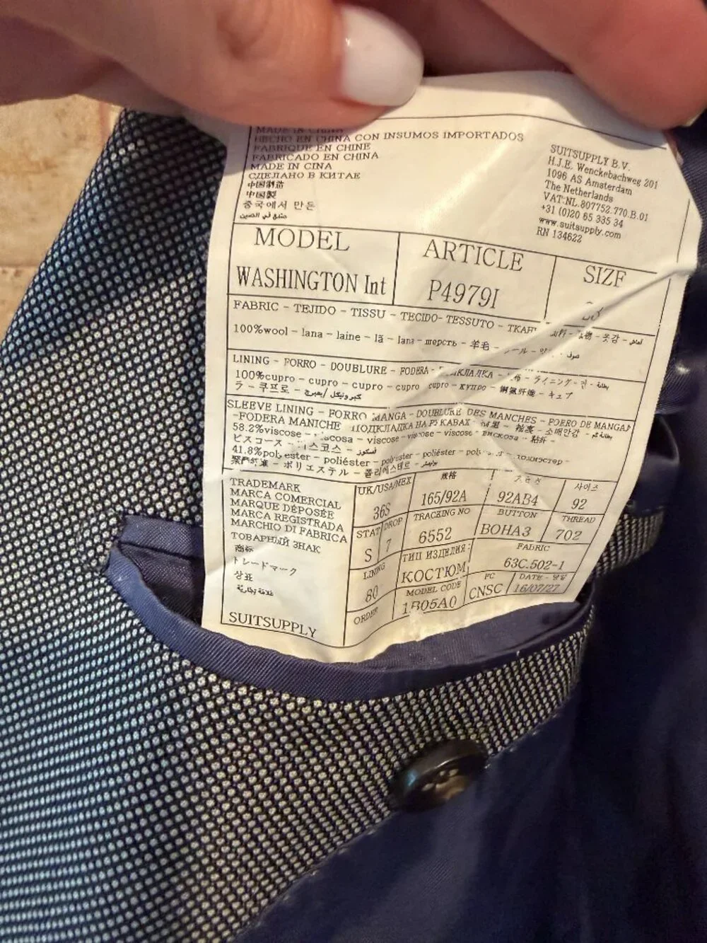 SuitSupply Washington Drago Super 120's Wool Sport Coat Blazer 36S Blue Gr